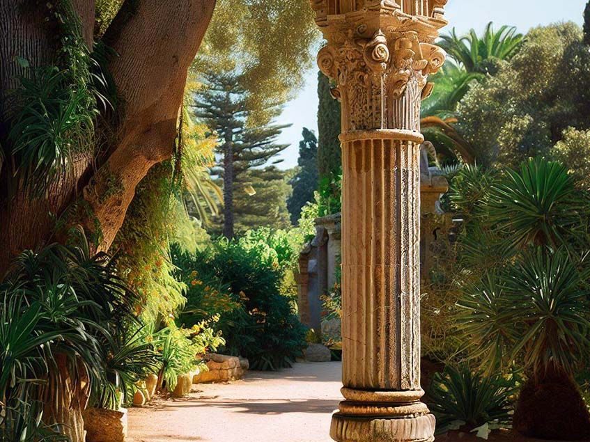 antik építeszeti elem a mediterrán kertben