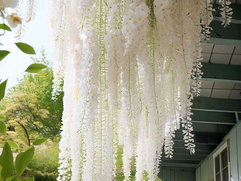 erkélyről lecsüngő fehér virágú lila akác